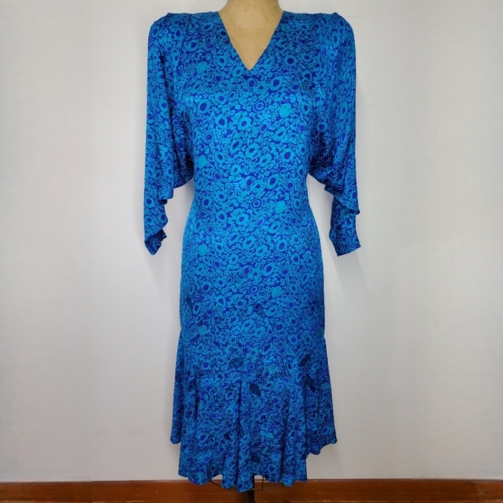 Silk Studio Size 10 Dress Vintage 80s Shoulder Pads Batwing Mermaid Blue Purple